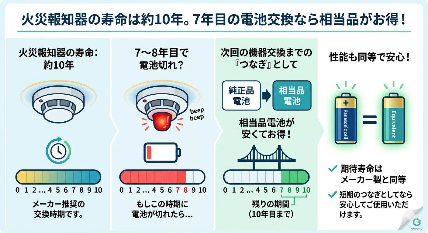 火災報知器の寿命は約10年。7年目の電池交換なら相当品がお得!<