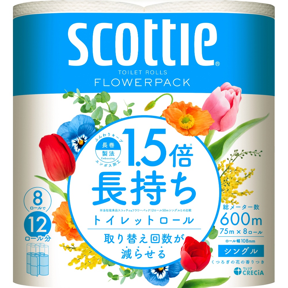 日本製紙クレシア 純正品 スコッティフラワーパック１．５倍巻き８ロールシングル 4901750153502