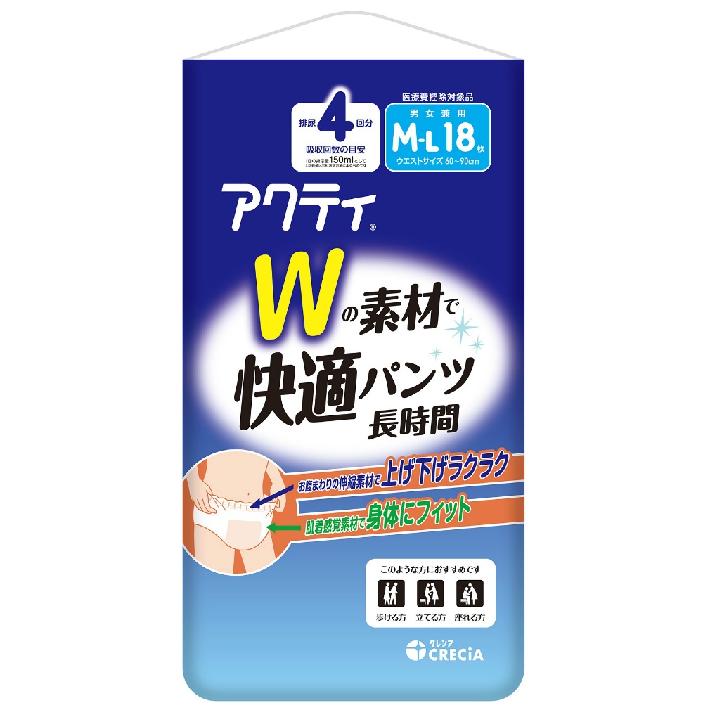 日本製紙クレシア 純正品 アクティ Ｗの素材で快適パンツ 長時間 Ｍ－Ｌサイズ 4901750890711