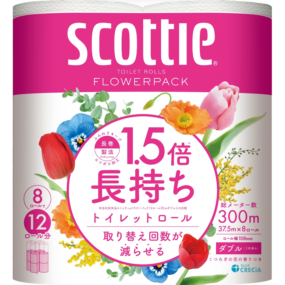 日本製紙クレシア 純正品 スコッティフラワーパック１．５倍巻き８ロールダブル 4901750263508