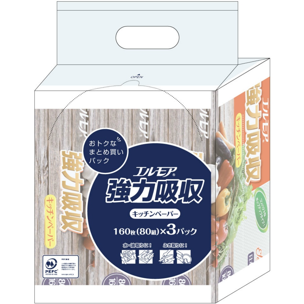 カミ商事 純正品 エルモア 強力吸収 キッチンペーパー（３個ポリ） 4971633171480