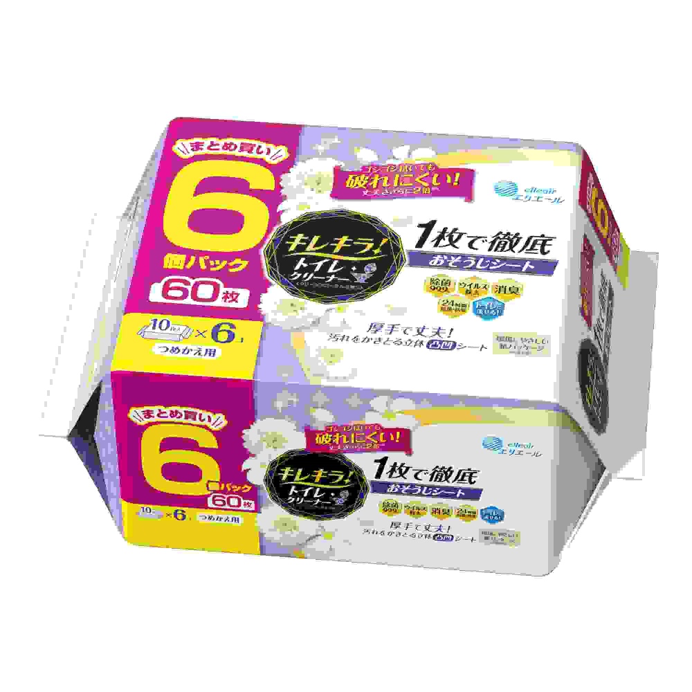 大王製紙 純正品 キレキラ！トイレクリーナー １枚で徹底おそうじシート クリーンフローラルつめかえ用６０枚（１０枚×６Ｐ） 4902011106831
