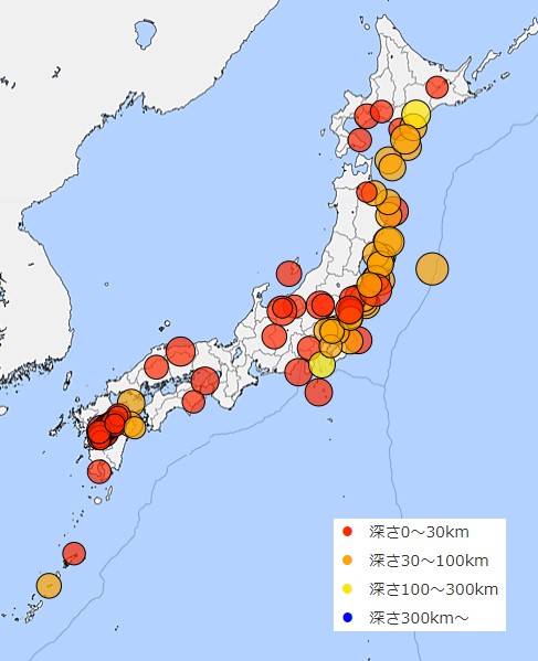2000年以降の最大深度5弱以上の地震